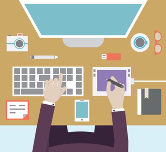 Workplace of designer with devices for work. Flat style - vector illustration