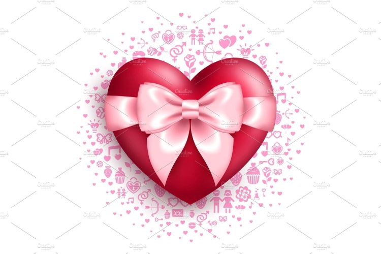 Glossy red heart with pink bow with love symbols