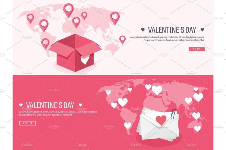 Vector illustration. Flat background with envelope and box. Love, hearts. Valentines day.