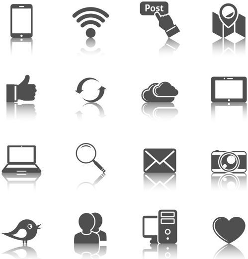 Social media mobile global network set with computer cloud tablet monochrome icons isolated vector illustration