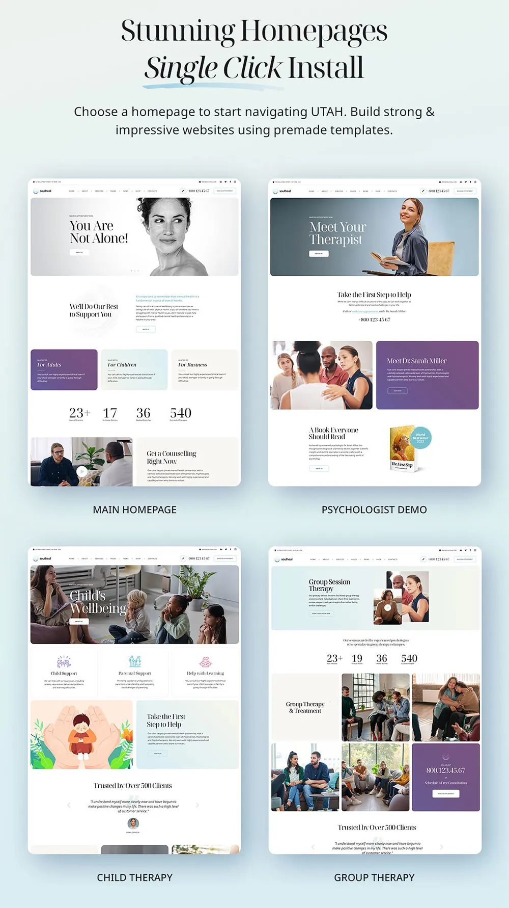 SoulHeal Psychology and Counseling WordPress Theme Homepages